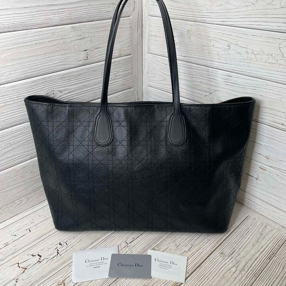 Authentic DIOR Panarea Black Coated Canvas Leather Tote Bag